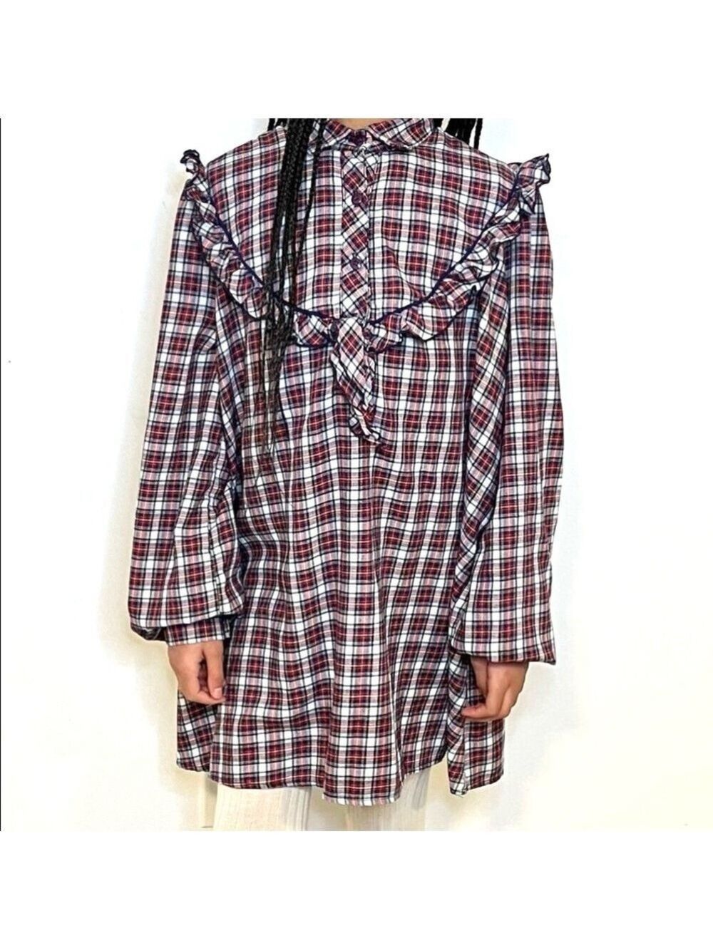 Girls Vintage Plaid Shift Dress Long Sleeves Ruffle Detail Yoke Tie Size 11/12